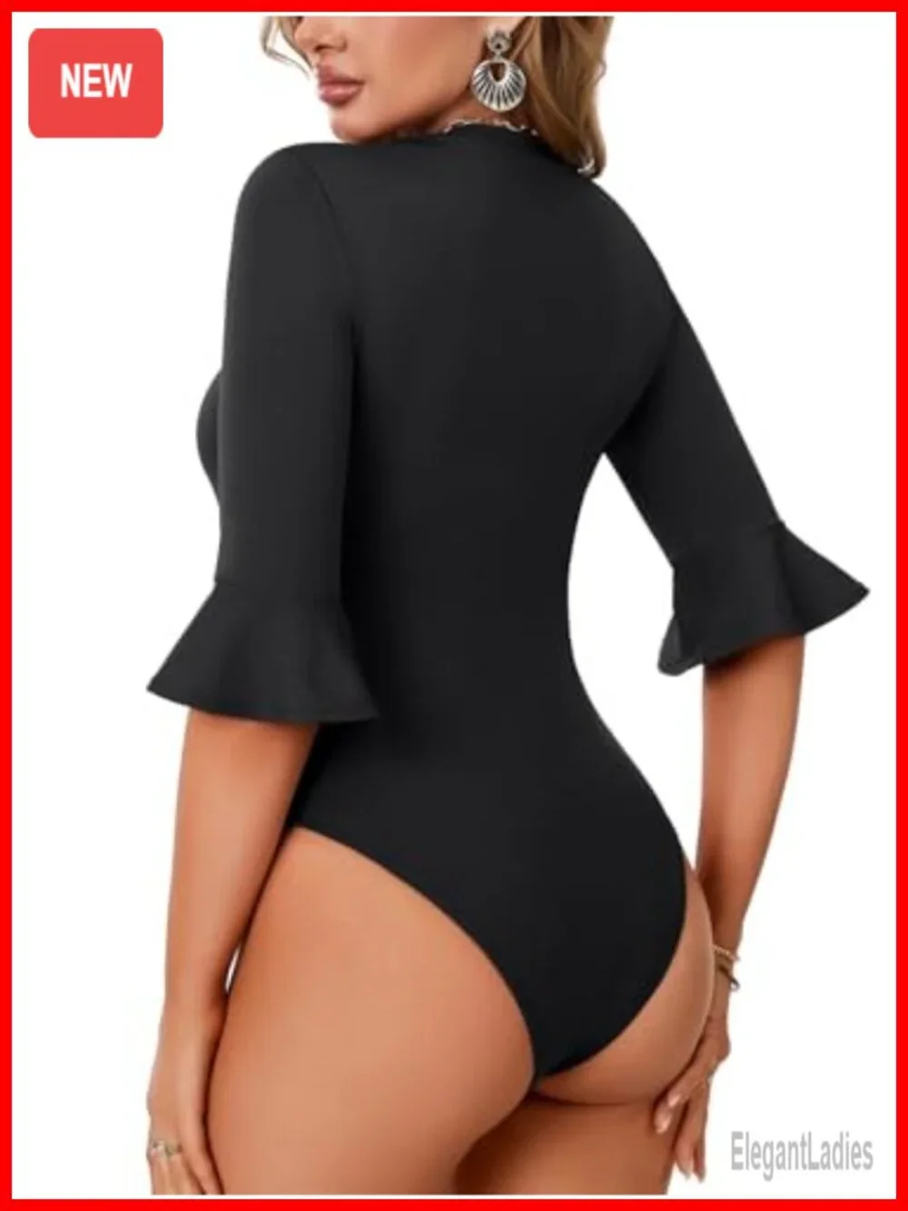 Women's Sexy 3/4 Flounce Sleeve Bodysuit Top Casual Round Neck Going Out Blouse
